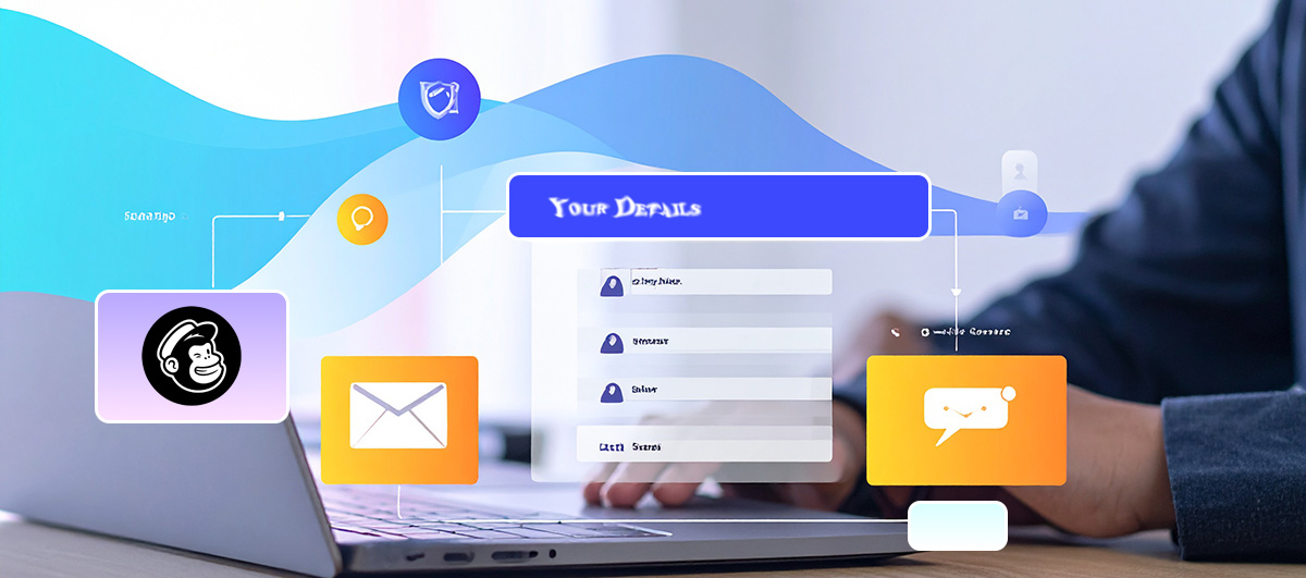 A visual flowchart showing a client filling out a form, triggering automated emails, storing data securely, and syncing with CRM platforms. Include Mailchimp, Salesforce, and GDPR icons. Style: flat design with soft gradients and clear labels.